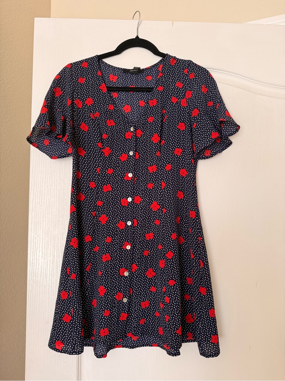 Forever 21 Navy Blue Dot & Red Floral Button-Front Dress